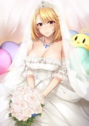  alternate_costume azur_lane bare_shoulders billion_(billion0103) blonde_hair bouquet breasts bridal_veil cleavage commentary_request dress female heart heart-shaped_pillow holding holding_bouquet jewelry large_breasts manjuu_(azur_lane) necklace pillow prince_of_wales_(azur_lane) red_eyes smile solo stuffed_animal stuffed_toy veil wedding_dress 