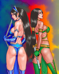  2girls ass bare_shoulders black_hair blue_eyes breasts earrings elbow_gloves fan female fingerless_gloves gloves green_eyes jade jade_(mortal_kombat) jewelry kitana large_breasts loincloth long_hair looking_back mortal_kombat multiple_girls polearm staff thighhighs usda very_long_hair weapon 