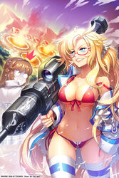  2girls bikini blonde_hair blue_eyes breasts cat_shi cleavage commentary_request crater front-tie_top glasses grin gun jacket large_breasts long_hair mountain multiple_girls navel off_shoulder photoshop_(medium) quartermaster_knight red-framed_eyewear rocket_launcher shiny_skin side-tie_bikini_bottom skindentation smile strap_gap swimsuit sword_girls thighhighs toothpick weapon 