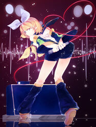  1_girl hair_clips hair_ribbon heart kagamine_rin microphone short_hair shorts sleeves vocaloid 