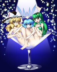  3girls barefoot blonde_hair blue_eyes blue_hair bow cirno commentary_request cup feet flat_chest frog glass hair_ornament hat highres in_container in_cup kirisame_marisa kochiya_sanae long_hair multiple_girls nude one_eye_closed oversized_object raionsan short_hair snake touhou wings witch_hat yellow_eyes 