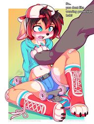  2019 4_toes ambiguous_gender anthro anthro_on_anthro band-aid bandage blue_eyes blush boots bottomwear braces canid canine claws clothed clothing digital_media_(artwork) disembodied_leg duo ears_down english_text feet femboy foot_on_chest footwear fox furgonomics hat headgear headwear hi_res kayla_(rysonanthrodog) kaylafox larger_ambiguous male male/ambiguous mammal open_mouth pivoted_ears shorts sitting size_difference skateboard skimpy smaller_male socks teeth text toeless_boots toeless_footwear toeless_legwear toeless_socks toes tongue vehicle young young_anthro young_male 