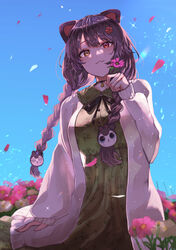  :3 absurdres animal_ears black_bow black_hair blue_background bow braid breasts brown_eyes closed_mouth collared_dress commentary_request dog_ears dog_hair_ornament dress female floral_print flower from_below green_dress hair_flower hair_ornament heterochromia highres holding holding_flower inui_toko inui_toko_(3rd_costume) jacket large_breasts long_hair long_sleeves looking_at_viewer looking_down nijisanji official_alternate_costume official_alternate_hairstyle open_clothes open_jacket petals pink_flower print_dress puffy_long_sleeves puffy_sleeves red_eyes red_flower sleeves_past_wrists smile solo sparkle takena-c twin_braids twintails very_long_hair virtual_youtuber white_flower white_jacket yellow_eyes 