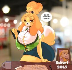  2019 5_fingers animal_crossing anthro ass bell belly big_breasts big_butt blonde_hair blurred_background bottomwear breasts button_(fastener) canid canine canis cardigan clothed clothing container cup desk dialogue dipstick_tail domestic_dog english_text ezukapizumu female fingers furniture hair holding_object huge_breasts isabelle_(animal_crossing) mammal markings monotone_bottomwear monotone_clothing monotone_skirt multicolored_tail nintendo photo shih_tzu shirt skirt solo speech_bubble straining_buttons table tail tail_markings talking_to_viewer text thick_thighs topwear toy_dog wide_hips 