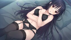  black_bra black_hair black_panties black_thighhighs blush bra breasts cafe_stella_to_shinigami_no_chou female game_cg garter_belt hand_on_own_chest highres indoors kobuichi lace-trimmed_bra lace-trimmed_garter_belt lace-trimmed_legwear lace-trimmed_panties lace_trim lingerie lying medium_breasts mole mole_under_eye navel non-web_source on_back on_bed panties parted_lips shiki_natsume solo sweat thighhighs underwear underwear_only yellow_eyes 