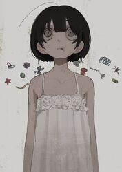  ahoge bare_shoulders black_hair blunt_bangs collarbone empty_eyes end80236189 female grey_eyes highres original parted_lips shirt short_hair sleeveless solo upper_body white_shirt 