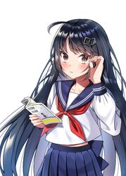  ahoge black_hair blue_skirt blush brown_eyes collarbone commentary_request cover cover_page female hair_ornament hairclip holding long_hair long_sleeves looking_at_viewer midriff_peek minatoasu novel_(object) original school_uniform serafuku shirt simple_background skirt solo uniform white_background white_shirt 