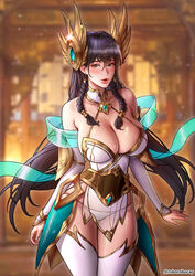  absurdres bare_shoulders black_hair blue_eyes blush braid breasts choker collarbone contrapposto cowboy_shot detached_sleeves dress earrings fantasy female french_braid gem gold hair_between_eyes halter_dress halterneck headgear highres irelia jewelry korean_commentary large_breasts league_of_legends lips long_hair long_sleeves looking_at_viewer nose_blush panties parted_lips pelvic_curtain revealing_clothes roborobocap sash see-through skindentation solo string_panties thighhighs thighs twin_braids twitter_username underwear very_long_hair white_choker white_dress white_nails white_panties white_sleeves white_thighhighs 