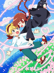  1boy :d bandana black_footwear black_robe blonde_hair blue_sky braid brown_hair cloud day female flower heart highres jumping kukuri_(mahoujin_guruguru) long_hair looking_at_another mahoujin_guruguru nike_(mahoujin_guruguru) open_mouth outdoors red_bandana robe sandals shirt sky smile soranagi twin_braids white_shirt 