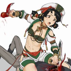  1boy absurdres bad_id bad_pixiv_id black_hair bladed_tonfa blood blood_on_face blood_on_weapon breasts brown_eyes check_commentary commentary_request earrings feet_out_of_frame female hat highres jewelry looking_at_another looking_down medium_hair navel open_mouth reverse_ryona seset short_twintails shorts shorts_rolled_up simple_background small_breasts soulcalibur straddling talim tied_hair tomboy tonfa twintails underboob v-shaped_eyebrows violence weapon white_background 