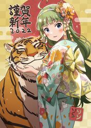  2022 ahoge animal aqua_eyes blue_kimono blunt_bangs blush chinese_zodiac female floral_print flower green_hair hair_flower hair_ornament happy_new_year highres idolmaster idolmaster_million_live! japanese_clothes kimono long_hair looking_at_viewer new_year obi open_mouth sash shimabara_elena smile solo sonsoso tiger wide_sleeves year_of_the_tiger 