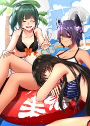  3girls bikini black_bikini black_hair bow breasts choukai_(kancolle) closed_eyes commentary_request electric_fan eyepatch glasses green_hair hairbow headgear highres innertube kantai_collection katsuobushi_(eba_games) long_hair looking_at_viewer multiple_girls official_alternate_costume purple_hair red_eyes short_hair small_breasts striped_bikini striped_clothes swim_ring swimsuit tenryuu_(kancolle) tenryuu_(swimsuit_mode)_(kancolle) white_bikini yellow_eyes yuubari_(kancolle) yuubari_kai_ni_(kancolle) yuubari_kai_ni_(swimsuit_mode)_(kancolle) 