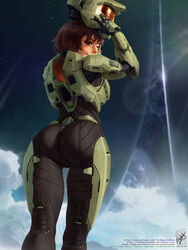  armor ass assault_visor atmospheric_perspective black_bodysuit bodysuit brown_eyes brown_hair cloud commentary english_commentary feet_out_of_frame female from_behind green_armor halo_(series) helmet highres lens_flare low_ponytail one_eye_closed ponytail power_armor removing_helmet ribbed_bodysuit ringworld short_ponytail sky solo space spartan_(halo) star_(sky) starry_sky themaestronoob unworn_headwear unworn_helmet variant_set watermark web_address 