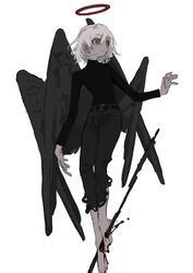  1other barefoot belt black_sweater black_wings blood empty_eyes end80236189 full_body halo highres impaled long_sleeves multiple_wings original short_hair sweater turtleneck turtleneck_sweater white_background white_hair wings 