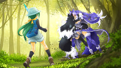  3girls animal_ear_fluff animal_ears battle black_hair breasts bucket_hat commentary_request dire_wolf_(kemono_friends) forest fur_collar gradient_legwear green_hair grey_hair grey_wolf_(kemono_friends) hat highres kemono_friends kemono_friends_r large_breasts multicolored_hair multiple_girls naka_(nicovideo14185763) nature outdoors photoshop_(medium) plaid_neckwear ponytail purple_hair skirt tail tomoe_(kemono_friends)_(niconico88059799) two-tone_hair white_background wolf_ears wolf_girl wolf_tail 