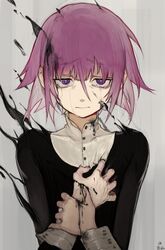  1other absurdres closed_mouth crona_(soul_eater) cuff_links hands_up highres looking_at_viewer other_focus p_(pm_611a) purple_eyes purple_hair short_hair signature solo soul_eater tears upper_body 