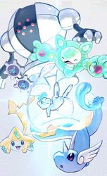  :d :o absurdres af_(afloatisland) blue_eyes closed_eyes closed_mouth commentary ditto dragonair grey_background highres jirachi klink mew_(pokemon) no_humans open_mouth pokemon pokemon_(creature) registeel reuniclus smile symbol-only_commentary tongue 