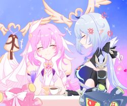  2girls angry bell black_gloves blue_hair blue_shirt breasts chinese_commentary closed_eyes cup elf elysia_(herrscher_of_human:_ego)_(honkai_impact) elysia_(honkai_impact) errorxox eye_print gloves gradient_background hair_between_eyes herrscher_of_corruption honkai_(series) honkai_impact_3rd long_hair multiple_girls pink_hair pointy_ears shirt smile tea_party teacup upper_body white_gloves white_shirt white_veil 