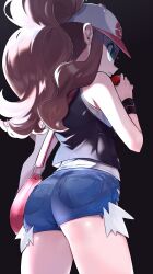  abe_(kumayu) ass black_background black_vest blue_eyes blue_shorts brown_hair commentary_request cowboy_shot denim denim_shorts from_behind hat high_ponytail highres hilda_(pokemon) holding holding_poke_ball long_hair poke_ball pokemon pokemon_bw shirt short_shorts shorts simple_background sleeveless sleeveless_shirt vest white_hat white_shirt 