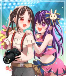  2girls :d ;d bare_shoulders belt blush brown_belt brown_hair camera chocotomamenoki collarbone cowboy_shot crop_top hair_between_eyes hair_ornament highres holding holding_camera hoshino_ai_(oshi_no_ko) idol jewelry kaguya-sama_wa_kokurasetai_~tensai-tachi_no_renai_zunousen~ looking_at_another miniskirt multiple_girls navel one_eye_closed oshi_no_ko parted_bangs pink_skirt ponytail pouch purple_eyes rabbit_hair_ornament red_eyes ring shinomiya_kaguya shirt skirt smile star-shaped_pupils star_(symbol) symbol-shaped_pupils white_shirt 