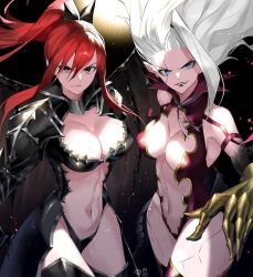  2girls armor black_background black_wings blue_eyes breasts brown_eyes cleavage_cutout clothing_cutout cracked_skin demon_girl erza_scarlet fairy_tail forehead gauntlets gold_trim high_ponytail highres large_breasts leotard light_particles long_hair looking_at_viewer mirajane_strauss multiple_girls navel parted_lips pointy_ears ponytail purple_lips red_hair stomach stomach_cutout usagi448 v-shaped_eyebrows white_hair wings 