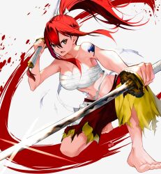  arm_tattoo bare_shoulders barefoot blood blood_splatter breasts brown_eyes chest_sarashi cleavage collarbone dual_wielding erza_scarlet fairy_tail female fighting_stance floating_hair hakama high_ponytail highres holding holding_sword holding_weapon japanese_clothes katana large_breasts long_hair looking_at_viewer navel on_one_knee ponytail red_hair red_hakama sarashi slashing solo stomach sword tattoo usagi448 v-shaped_eyebrows weapon 