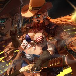  american_flag american_flag_bikini american_flag_print belt bikini breasts brown-tinted_eyewear brown_gloves brown_hair bullet chaps cigar cleavage coat cowboy_hat cowboy_shot cowboy_western cowgirl_(western) denim earrings female flag_print fringe_trim gloves gun hat highres holding holding_gun holding_weapon jacket jewelry long_hair looking_at_viewer looking_over_eyewear midriff mildo_(asystole92) navel original ponytail print_bikini revolver scarf shorts smoke smoking solo sunglasses swimsuit tinted_eyewear weapon 