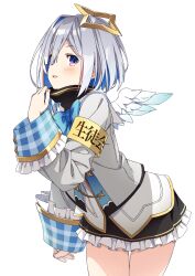  adjusting_collar amane_kanata amane_kanata_(1st_costume) angel angel_wings armband asymmetrical_bangs asymmetrical_hair black_skirt blue_bow blue_bowtie blue_hair blush bob_cut bow bowtie colored_inner_hair commentary_request cowboy_shot eyes_visible_through_hair feathered_wings female frilled_skirt frills grey_hair grey_jacket hair_between_eyes hair_over_one_eye halo highres hololive jacket kanzaki_hiro leaning_forward long_sleeves looking_at_viewer mini_wings miniskirt multicolored_hair open_mouth purple_eyes short_hair simple_background single_hair_intake skirt smile solo standing star_halo thighs turtleneck virtual_youtuber white_background white_wings wide_sleeves wings 