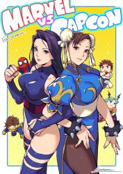  animal_print animification blue_bodysuit blue_leotard bodysuit bracelet brown_hair bun_cover chibi china_dress chinese_clothes chun-li cyclops_(x-men) double_bun dougi dress fighting_stance hair_bun highres jewelry leotard locked_arms long_hair looking_at_viewer marvel marvel_vs._capcom morrigan_aensland pantyhose pelvic_curtain pic-kle print_bodysuit psylocke red_bodysuit red_sash ryu_(street_fighter) sash smile spider-man spider-man_(series) spider_print spider_web_print spiked_bracelet spikes street_fighter street_fighter_ii_(series) studded_bracelet superhero_costume thick_thighs thighs two-tone_bodysuit unitard vampire_(game) waist_sash x-men 