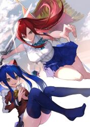  2girls :d ascot bare_arms blue_ascot blue_hair blue_skirt blue_thighhighs bow bowtie breasts brown_eyes charle_(fairy_tail) closed_mouth cloud cloudy_sky day erza_scarlet fairy_tail feline flag floating_hair hair_ornament highres holding holding_sword holding_weapon large_breasts long_hair long_sleeves looking_at_viewer miniskirt multiple_girls open_mouth outstretched_arm own_hands_together pleated_skirt red_hair shirt skirt sky sleeveless sleeveless_shirt smile sword thighhighs thighs twintails usagi448 v-shaped_eyebrows weapon wendy_marvell yellow_bow yellow_bowtie zettai_ryouiki 