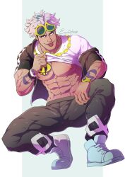  1boy abs arm_tattoo artist_name bara bare_pectorals black_jacket black_pants clothes_lift evinist eyewear_on_head guzma_(pokemon) highres jacket large_pectorals looking_at_viewer male_focus muscular muscular_male navel nipples open_clothes open_jacket pants pectorals piercing pokemon pokemon_sm shirt shirt_lift short_hair solo sunglasses tattoo tongue tongue_out tongue_piercing watch white_hair white_shirt wristwatch 