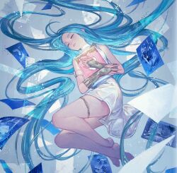  armlet bare_shoulders barefoot blue_hair book bridal_gauntlets dress granblue_fantasy holding holding_book long_hair lyria_(granblue_fantasy) official_art parted_lips thigh_strap third-party_source very_long_hair white_dress 