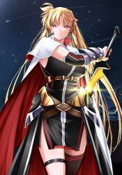  armored_gloves bardiche_(nanoha) blonde_hair breasts dress energy_sword fate_testarossa highres holding holding_sword holding_weapon large_breasts lyrical_nanoha magical_girl mahou_shoujo_lyrical_nanoha_strikers night night_sky red_eyes single_thighhigh sky sougetsu_izuki sword thigh_strap thighhighs twintails two-tone_cape underbust waist_cape weapon 