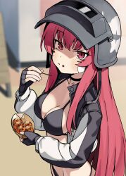  bikini black_bikini black_choker black_gloves blue_archive blurry blurry_background blush breasts choker cleavage closed_mouth commentary_request eating female fingerless_gloves food food_on_face gloves helmet highres jacket long_hair long_sleeves looking_at_viewer medium_breasts official_alternate_costume open_clothes open_jacket rabu_(blue_archive) red_eyes red_hair seramikku solo swimsuit takoyaki 