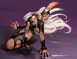  animal_ears armlet bracelet claws dorkartist female final_fantasy final_fantasy_xii fran_(ff12) full_body highres jewelry long_hair looking_to_the_side navel rabbit_ears red_eyes solo tan white_hair 