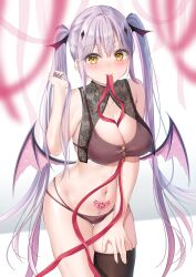  absurdres between_breasts black_thighhighs bra breasts cleavage female grey_hair hand_on_own_thigh highres long_hair low_wings mouth_hold nagi_aoi navel original pink_ribbon pubic_tattoo ribbon ribbon_between_breasts ribbon_in_mouth single_thighhigh solo streamers tattoo thighhighs twintails underwear wings yellow_eyes 