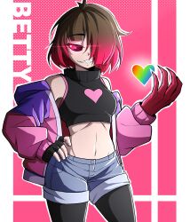  absurdres bete_noire brown_hair glitchtale highres jacket monster_girl open_clothes open_jacket pink_background pink_eyes pink_hair pink_jacket purple_jacket rageman709 rainbow_heart sharp_teeth short_hair shorts teeth white_background 