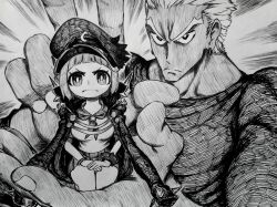  1boy absurdres arched_bangs breasts cape chronozbergh closed_mouth commentary eyelashes female frown gamagoori_ira graphite_(medium) greyscale hat highres kill_la_kill looking_at_viewer mankanshoku_mako monochrome peaked_cap sailor_collar traditional_media v-shaped_eyebrows 