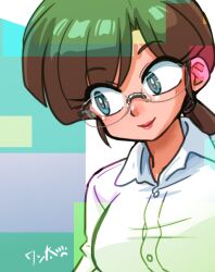  abstract_background blue_eyes breasts brown_hair bursting_breasts female glasses hair_tie kuonji_ukyou large_breasts looking_to_the_side low_ponytail multicolored_background office_lady pink_lips ranma_1/2 shirt signature smile undersized_clothes upper_body wanta_(futoshi) white_shirt wrinkled_fabric 