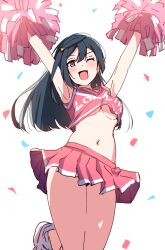  arms_up black_hair breasts cheerleader female grey_eyes haruno_riku highres holding holding_pom_poms jumping long_hair looking_at_viewer love_live! love_live!_nijigasaki_high_school_idol_club medium_breasts navel no_bra one_eye_closed open_mouth pink_shirt pink_skirt pleated_skirt pom_pom_(cheerleading) shirt shoes skirt sleeveless sleeveless_shirt solo stomach underboob upper_body upshirt white_background white_footwear yuki_setsuna_(love_live!) 