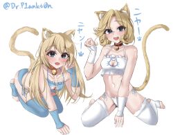  2girls alternate_costume animal_ears blonde_hair blue_bra blue_eyes blue_panties blue_thighhighs bra breasts brown_panties cat_cutout cat_ear_panties cat_ears cat_lingerie cat_tail cleavage_cutout clothing_cutout dr.plankton frilled_bra frills full_body highres janus_(kancolle) jervis_(kancolle) kantai_collection long_hair looking_at_viewer meme_attire multiple_girls panties paw_pose short_hair side-tie_panties small_breasts tail thighhighs twitter_username underwear white_bra white_thighhighs 