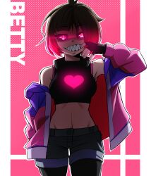  absurdres bare_shoulders bete_noire black_gloves black_sclera black_shirt bright_pupils brown_hair colored_sclera cowboy_shot female finger_in_own_mouth fingerless_gloves glitchtale gloves glowing glowing_eyes halftone halftone_background heart highres jacket midriff pink_background pink_eyes pink_hair rageman709 sharp_teeth shirt short_hair shorts sleeveless sleeveless_shirt sleeveless_turtleneck teeth turtleneck turtleneck_shirt white_background white_pupils 