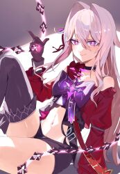  asymmetrical_clothes asymmetrical_coat black_choker black_gloves black_shorts boots bow bright_pupils choker coat commentary_request feet_out_of_frame female gloves hair_between_eyes hair_intakes hand_up highres honkai_(series) honkai_impact_3rd large_bow long_hair looking_at_viewer navel purple_bow purple_eyes red_coat roena shorts single_bare_shoulder single_thigh_boot sitting smile solo stomach thelema_(honkai_impact) thigh_boots white_hair white_pupils 