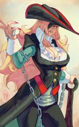  anchor big_hair blonde_hair boutsoftheblind breasts chains cleavage eyepatch female frilled_shirt_collar frills hat hat_over_eyes highres holding holding_anchor holding_chain large_breasts long_hair long_sleeves marvel_vs._capcom marvel_vs._capcom_2 nail_polish pants pants_tucked_in pirate pirate_hat red_nails ruby_heart simple_background solo tricorne upper_body yellow_background 