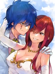  1boy arm_up bare_shoulders blue_eyes blue_hair blue_sky breasts brown_eyes cleavage closed_mouth cloud collared_shirt couple dress elbow_gloves erza_scarlet facial_mark fairy_tail female gloves gold_trim grin hand_on_another&#039;s_shoulder jellal_fernandes large_breasts long_hair looking_at_another necktie one_eye_closed red_hair shirt short_hair sky smile straight suit upper_body usagi448 white_dress white_gloves yellow_necktie 