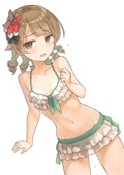  bare_shoulders bikini bikini_skirt black_ribbon blush bow bow_bikini brown_eyes brown_hair collarbone cowboy_shot drill_hair dutch_angle female flower frilled_bikini frills green_bow green_trim hair_ribbon hairbow halterneck hand_up highres idolmaster idolmaster_cinderella_girls idolmaster_cinderella_girls_starlight_stage long_hair looking_at_viewer madaragi morikubo_nono navel open_mouth ribbon ringlets shy simple_background solo standing swimsuit teardrop two-tone_flower wet white_background white_bikini white_flower 