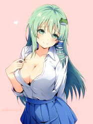  alternate_costume blue_skirt blush breasts commentary_request female frog_hair_ornament green_eyes green_hair hair_ornament hair_tubes highres kochiya_sanae kyanta5354 large_breasts long_hair long_sleeves open_clothes open_shirt pleated_skirt school_uniform shirt single_hair_tube skirt smile snake_hair_ornament solo touhou white_shirt 