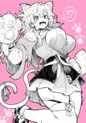  !? absurdres alternate_breast_size animal_ears animal_hands blue_eyes breasts bright_pupils cat_ears cat_tail check_commentary commentary_request female gloves highres honkai:_star_rail honkai_(series) huge_breasts kemonomimi_mode limited_palette long_sleeves looking_at_viewer march_7th_(honkai:_star_rail) march_7th_(preservation)_(honkai:_star_rail) medium_hair miniskirt open_mouth partial_commentary paw_gloves paw_print pink_background shirt shoes skirt solo spot_color tail thighs white_pupils yotsumi_shiro 