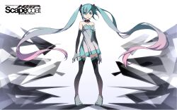  aqua_eyes aqua_hair bare_shoulders black_thighhighs blush character_name closed_mouth commentary copyright_name dot_nose dress elbow_gloves female floating_hair full_body gloves gradient_background gradient_hair hair_between_eyes hatsune_miku highres kanzaki_hiro long_hair looking_at_viewer multicolored_hair photoshop_(medium) pigeon-toed pink_hair revision scapecoat_(vocaloid) simple_background solo standing strapless strapless_dress thighhighs twintails very_long_hair vocaloid white_background 