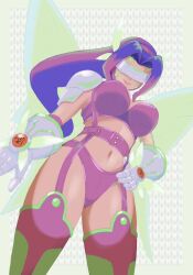  bikini breasts commentary cowboy_shot digimon digimon_(creature) facial_mark fairimon fairy_wings female gloves grey_background grey_gloves head-mounted_display large_breasts long_hair mas_square multiple_wings navel purple_bikini shoulder_pads solo swimsuit winged_gloves wings 